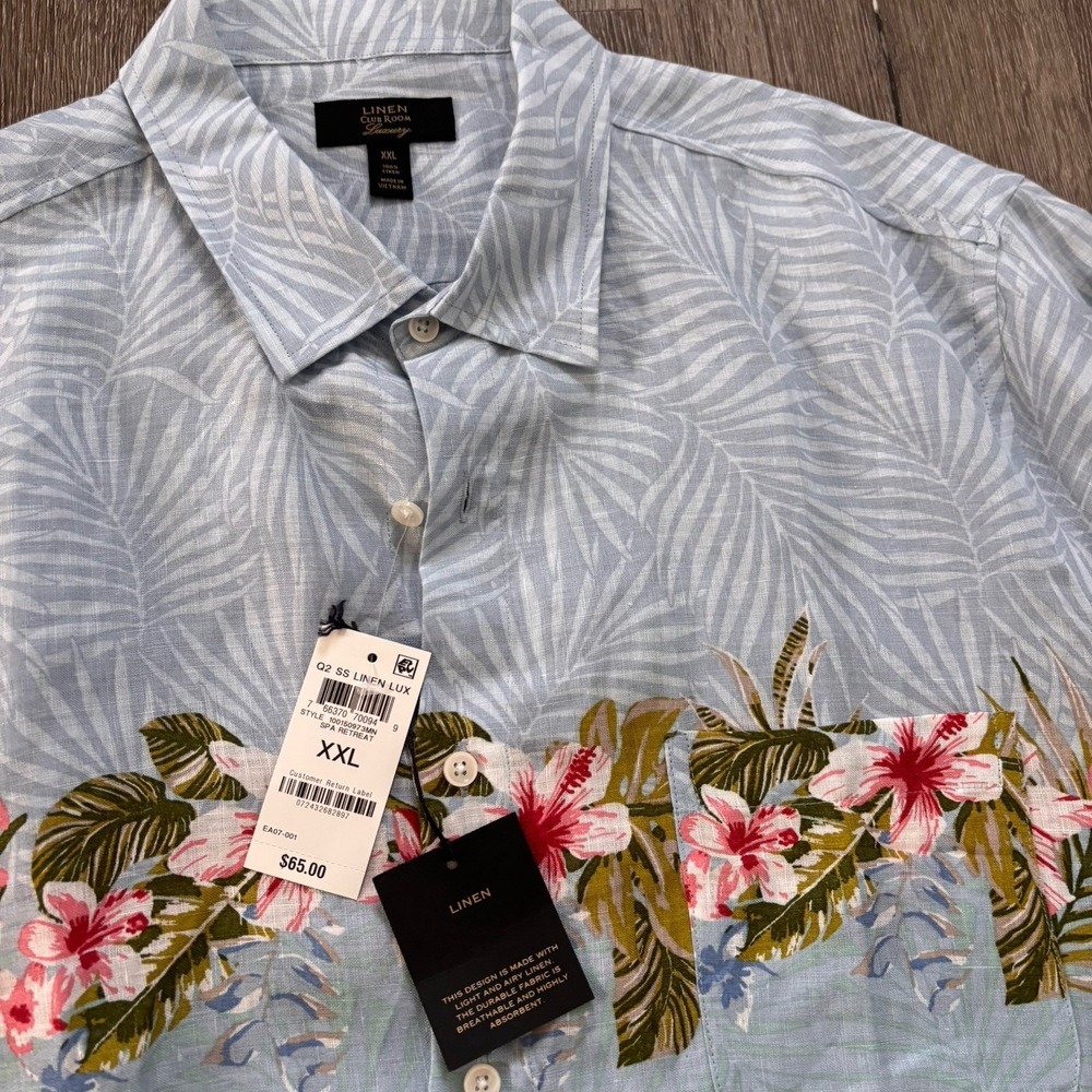 Club Room Luxury Linen XXL Blue Spa Retreat Button Down Hawaiian Shirt NEW